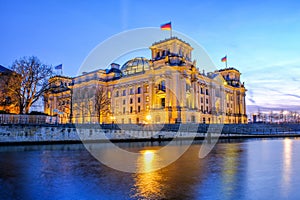 Panoramic view of famous Reichstag building german government and river Spree in Berlin, Germany