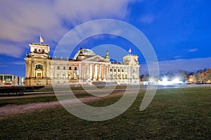 Panoramic view of famous Reichstag building german government at Twilight time in Berlin, Germany