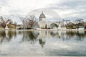 Panoramic View of the Famous United States Capitol Building and Reflecting Pool in Washington DC, USA