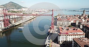 Panoramic view of famous Vizcaya Bridge crossing Nervion River in Portugalete, Spain