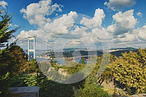 Panoramic view with Fatih Sultan Mehmet bridge over Bosphorus in Istanbul