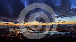 Panoramic View of Ferrol Estuary with Bridge and Shipyards Stormy Sky at Dusk La CoruÃ±a Galicia