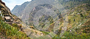 Panoramic view of the fertile ravine valley with its agricultural terraces on Santa Antao island in Cape Verde