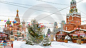 Panoramic view of the festive Red Square in winter Moscow, Russia