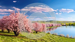 Panoramic view of the field waves with blossoming trees