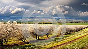 Panoramic view of the field waves with blossoming trees