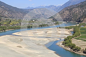 Panoramic view of the first bend of the Yangtze River near ShiGu village not far from Lijiang, Yunnan - China