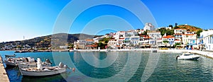 Panoramic view of the fishing port of Batsi, on the island of Andros, famous Cyclades island