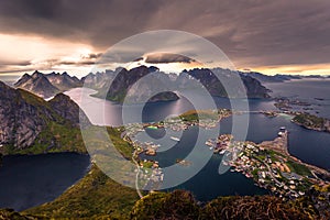 Panoramic view of the fishing town of Reine from the top of the Reinebringen viewpoint in the Lofoten Islands, Norway