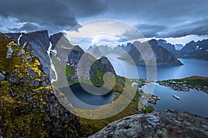 Panoramic view of the fishing town of Reine from the top of the Reinebringen viewpoint in the Lofoten Islands, Norway