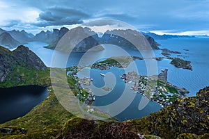 Panoramic view of the fishing town of Reine from the top of the Reinebringen viewpoint in the Lofoten Islands, Norway