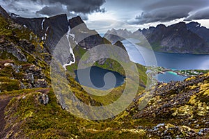 Panoramic view of the fishing town of Reine from the top of the Reinebringen viewpoint in the Lofoten Islands, Norway