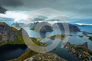 Panoramic view of the fishing town of Reine from the top of the Reinebringen viewpoint in the Lofoten Islands, Norway