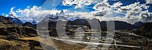 Panoramic view on the Fitz Roy and El Chalten, from the surrounding mountains, Patagonia, Argentina