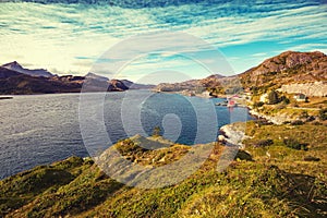 Panoramic view of the fjord and a fishing village