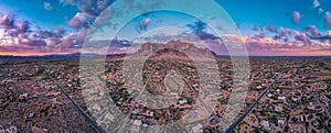 Panoramic view of The Flatirons surrounded by a desert outside of Phoenix, Arizona