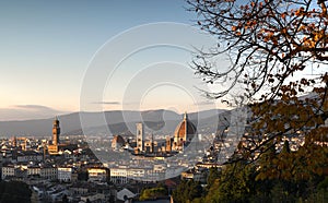 Panoramic view of the Florence city skyline at sunset from the hills near Piazzale Michelangelo. From left to right the tower of