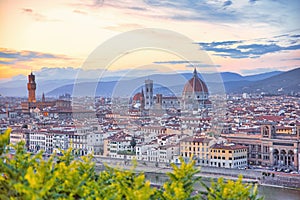 Panoramic view of Florence, Italy. Panoramic view of famous Ponte Vecchio with river Arno at sunset in Florence, Tuscany, Italy.