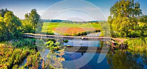 Panoramic view from flying drone of bridge over Seret river, Ternopil region, Ukraine, Europe.