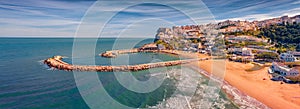 Panoramic view from flying drone of Peschici town, Province of Foggia, Italy, Europe.