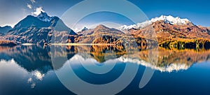 Panoramic view from flying drone of Sils lake.