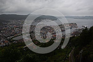 Panoramic view from FlÃ¸yen Mountain on Bergen city center