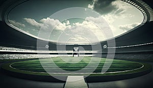 Panoramic view of foot ball or soccer arena stadium with grass field, spotlight for match, playground before game kicking, with