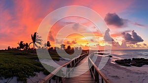 Panoramic view of a footbridge leading to Smathers Beach, bathed in the morning light. Ai Generated