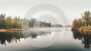 Panoramic view of forest lake in morning fog, summer travel. Generative AI