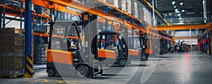 Panoramic view of forklifts in modern warehouse photo