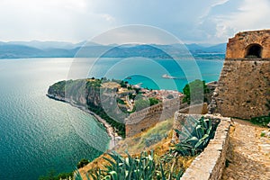 Panoramic view the fortress of Palamidi, scenery of Bourtzi castle at Nafplio town Greece