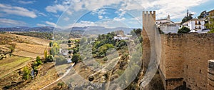 Panoramic view of fortress walls and scenic valley in Ronda. Andalusia, Spain