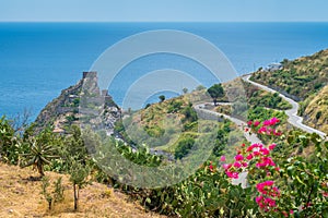 Panoramic view from Forza d`AgrÃÂ², with the Saracen Castle in the background. Province of Messina, Sicily, southern Italy. photo