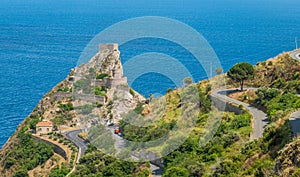 Panoramic view from Forza d`AgrÃ², with the Saracen Castle in the background. Province of Messina, Sicily, southern Italy.
