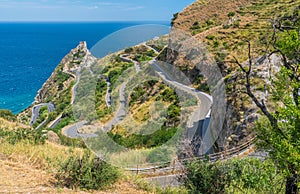 Panoramic view from Forza d`AgrÃ², with the Saracen Castle in the background. Province of Messina, Sicily, southern Italy.