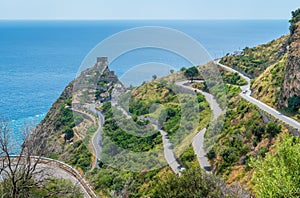 Panoramic view from Forza d`AgrÃ², with the Saracen Castle in the background. Province of Messina, Sicily, southern Italy.