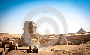 Panoramic view of the full profile of the Great Sphinx with the