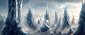 Panoramic view of futuristic city skyline cityscape. Ethereal skyscrapers, towers, tall buildings. Science fiction Megapolis wide