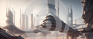 Panoramic view of futuristic city skyline cityscape. Ethereal skyscrapers, towers, tall buildings. Science fiction Megapolis wide