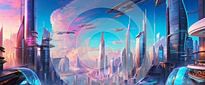 Panoramic view of futuristic city skyline cityscape. Ethereal skyscrapers, towers, tall buildings. Science fiction Megapolis wide