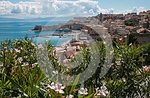 Panoramic view of Gaeta city on tyrrhenian sea with flowers