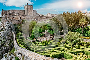 Panoramic view of Gardens and medieval castle from Marvao, Portalegre, Alentejo Region, Portugal