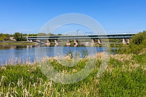 Panoramic view of Gdansk Bridge - Most Gdanski - two-deck steel truss construction over Vistula river in northern part of Warsaw,
