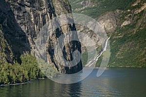 Panoramic view of the Geiranger fjord near the port of Geiranger, Norway. Nature of Norway. View from the Cruise Ship on the fjor photo