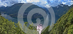 Panoramic view of Geiranger Fjord from Ornesvingen viewpoint, More og Romsdal county, Norway