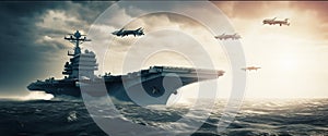 panoramic view of a generic military aircraft carrier ship with fighter jets take off during a special operation at a warzone,