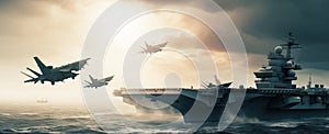 panoramic view of a generic military aircraft carrier ship with fighter jets take off during a special operation at a warzone,