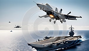 panoramic view of a generic military aircraft carrier ship with fighter jets take off during a special operation at a warzone