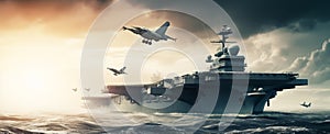 panoramic view of a generic military aircraft carrier ship with fighter jets take off during a special operation at a warzone, photo