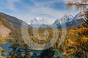Panoramic view of Germanys highest mountain Zugspitze and Seefernerkopf seen from Austria with Blindsee lake in the